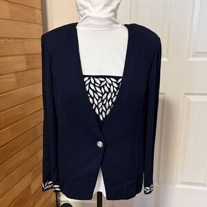 St. John Navy Open-Front Blazer with Leaf-Pattern Insets